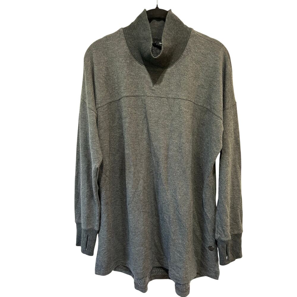 L.L. Bean womens sweatshirt L dark grey mock neck long cut thumb hole casual